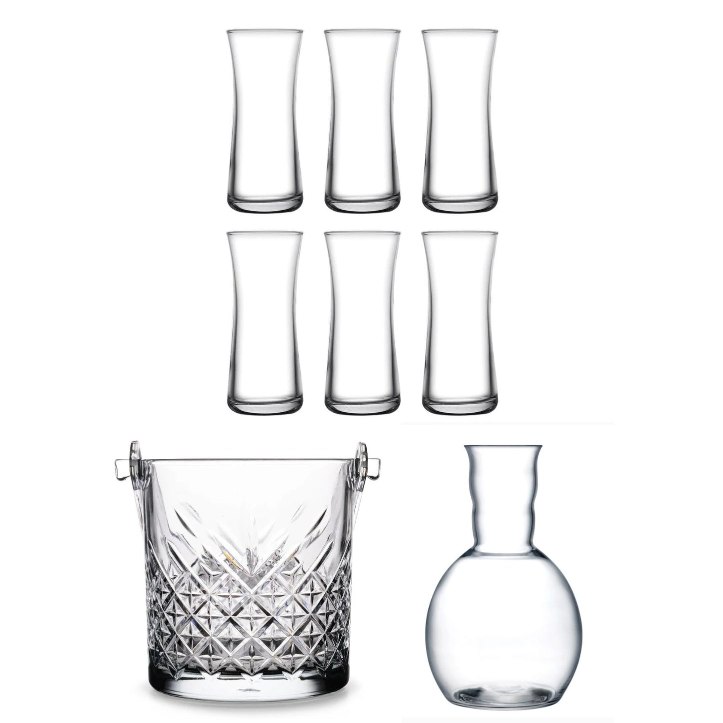 Paşabahçe Heybeli Rakı Bardağı, Nude Kristal Karaf ve Timeless Buz Kovası 8 Parça Rakı Seti
