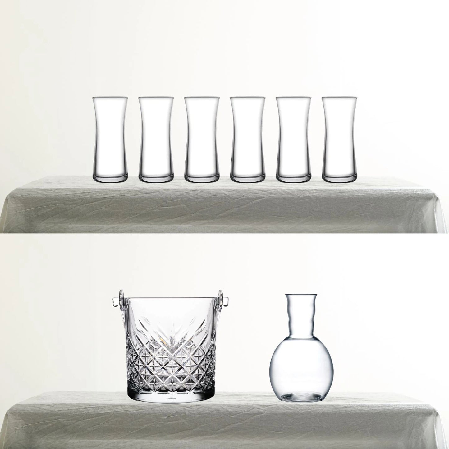 Paşabahçe Heybeli Rakı Bardağı, Nude Kristal Karaf ve Timeless Buz Kovası 8 Parça Rakı Seti