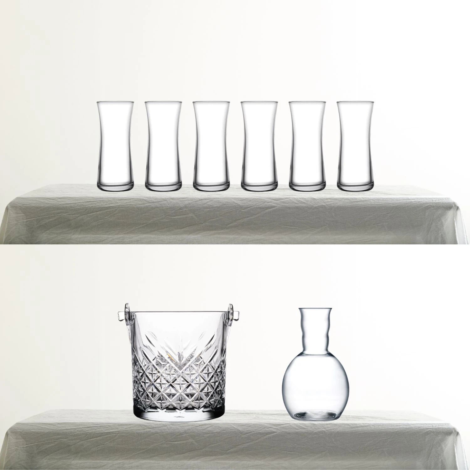 Paşabahçe Heybeli Rakı Bardağı, Nude Kristal Karaf ve Timeless Buz Kovası 8 Parça Rakı Seti