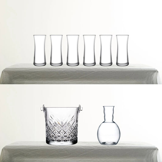 Paşabahçe Heybeli Rakı Bardağı, Nude Kristal Karaf ve Timeless Buz Kovası 8 Parça Rakı Seti